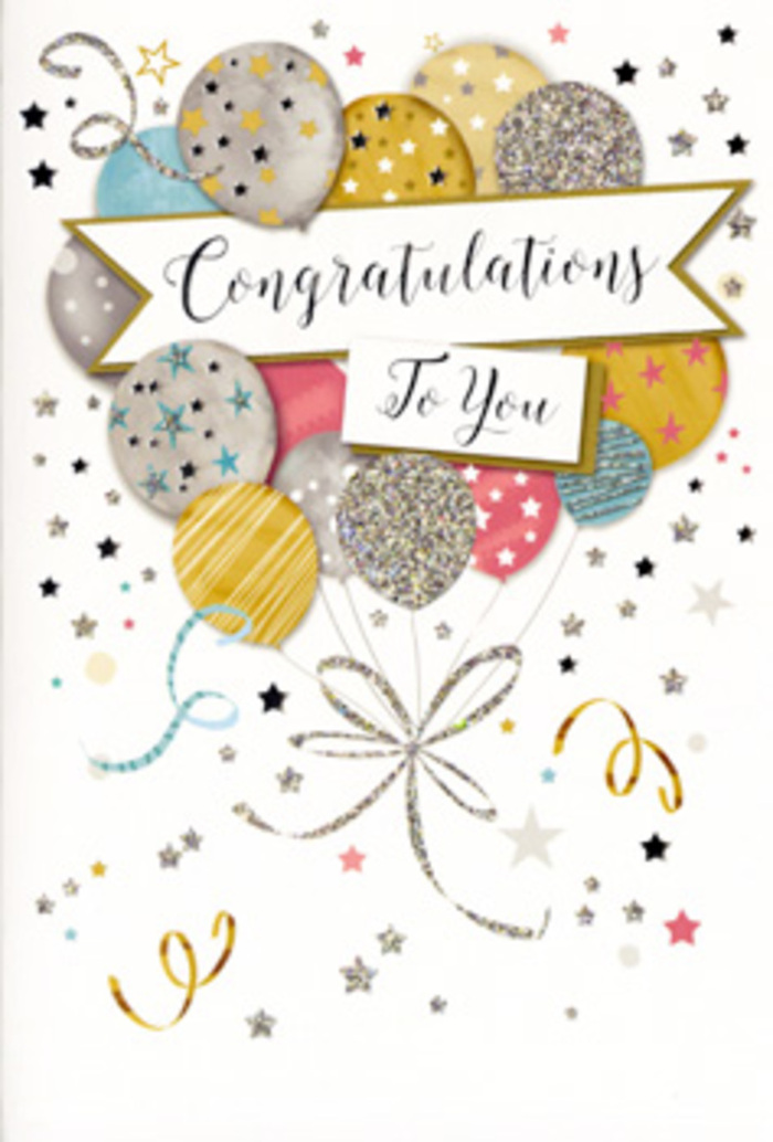 Captured in the photograph is an elegant congratulations card, designed with the same attention to detail and harmony of colour that might go into arranging fresh blooms for a Berrylands celebration. The visual centrepiece is a bouquet-like grouping of party balloons, gathered in the middle and rising toward the top of the card. These balloons come in complementary shades of soft gold, silver, champagne, pale pink, powder blue, and misty grey, each carefully shaded to convey gentle roundness and volume. Their surfaces are adorned with tiny metallic stars, delicate dashed lines, and lightly glittered accents that glisten subtly, evoking the warm glow of evening light over suburban gardens between Berrylands and Tolworth. The balloons overlap pleasantly, giving an impression of fullness and abundance, as though each one represents a different happy memory or achievement. From this cluster dangle slender ribbons in intertwined strands of gold and silver, looping gracefully downward in relaxed curls that echo the flow of satin gift-wrap ribbon. Cutting across the midsection of the card is a soft, curved banner, its edges slightly tucked behind a few balloons, bearing a beautifully scripted congratulatory message in elegant calligraphy. Around the main composition, the background is left mostly light and calm, sprinkled with a scattering of tiny stars and swirling confetti motifs that seem to drift away like the last notes of laughter after a party. The overall effect is of quiet yet unmistakable celebration-polished enough for a formal occasion, but warm enough for close family or friends. It is easy to imagine this card paired with a fresh floral arrangement to celebrate exam success, a new home, or career milestones across Berrylands and nearby Surbiton.