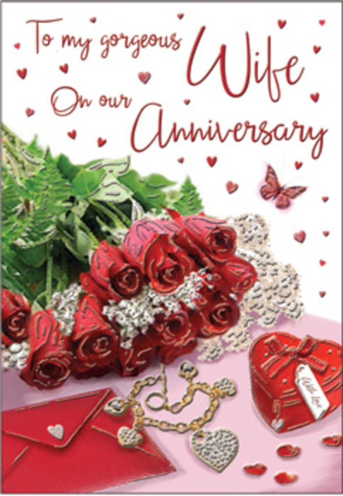 This richly detailed anniversary card design presents a scene that might be found on a carefully arranged side table in a Berrylands home, where a bouquet of classic red roses commands attention. Each bloom is luxuriously full, the petals layered in smooth, satinlike curves that create a sense of depth and softness beneath the eye. The roses are bundled with lush green foliage, whose various shapes and subtle tonal changes enhance the natural, garden-fresh look, reminiscent of flowers gathered after a stroll through nearby green spaces. Resting nearby is a vivid red box, its finish smooth and slightly reflective, hinting at fine jewellery nestled inside. Next to it lies a jewellery set, perhaps earrings and a pendant, their metallic surfaces catching gentle highlights that contrast beautifully with the matte softness of the petals. Whisper-thin lace, delicate heart patterns, and scattered trinkets are interwoven around the flowers and box, evoking memories of past anniversaries marked by small yet meaningful gifts. The printed card peeks through, written in elegant script that curls and flows among illustrated hearts and subtle flourishes, echoing the shapes of the rose blooms themselves. Soft, diffused light envelops the entire arrangement, heightening the impression of warmth and intimacy, like the glow of a Berrylands living room as evening draws in. The mix of textures-velvet petals, cool metal, smooth card, and perhaps a hint of silk ribbon-creates a sensory richness that suggests both comfort and celebration. Altogether, the scene feels like a tender embrace captured in an image, perfect for honouring long-lasting love and shared milestones within the local community.