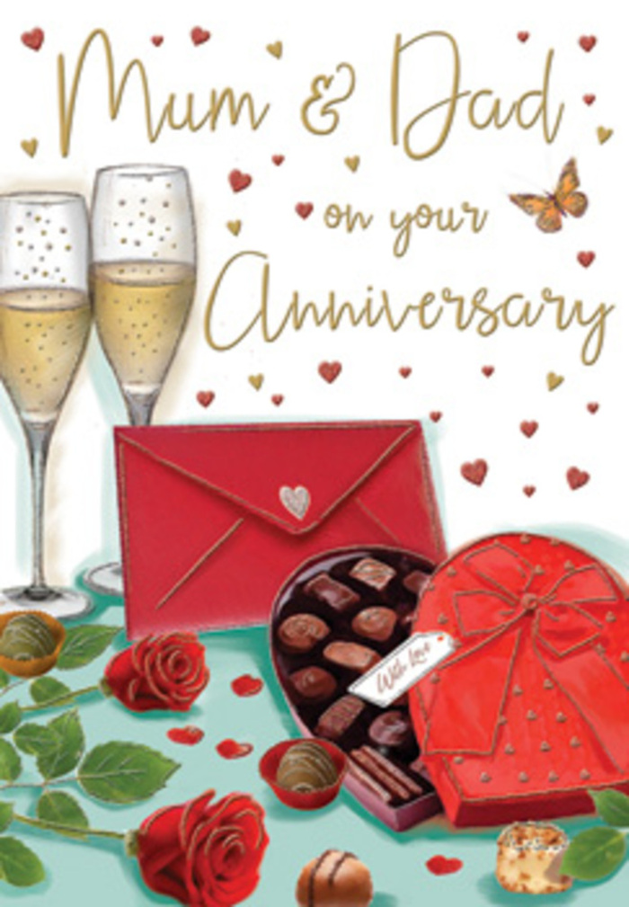 Elegant anniversary card design illustrated as a carefully arranged still life, evoking the feeling of an intimate celebration for parents in Berrylands. Dominating the composition are two tall champagne flutes, drawn with graceful, tapering stems that meet at the base like two figures leaning together. The bowls of the glasses hold a generous pour of pale gold champagne, the surface alive with tiny, shimmering bubbles that appear suspended in time at the height of a toast. To their side lies a lavish heart-shaped box of chocolates in a rich red tone, finished with an opulent, draped satin bow. The bow's wide loops and trailing ends cast soft shadows across the lid, suggesting a tactile smoothness. The lid is slightly open, revealing rows of chocolates with rounded tops and subtle highlights, promising a mix of flavours to be savoured one by one. In the foreground, two lush red roses rest on a surface that could be a polished Berrylands dining table, their petals tightly layered yet softly ruffled at the edges, giving them a velvety depth. Surrounding foliage in glossy green frames the blooms, as though freshly chosen from a florist's stem buckets earlier that day. Scattered across the background float small hearts in gold and crimson, some lightly outlined, others filled with shimmering colour, creating a sense of movement and celebration. These hearts gently surround an affectionate inscription for Mum & Dad, emphasising the card's family-centred sentiment. A bold red envelope, sealed and lying close by, hints at a handwritten note filled with stories, shared milestones, and quiet thanks. The entire scene is softly lit, as if by warm evening light streaming into a Berrylands sitting room, lending a cosy glow to glass, ribbon, petals, and chocolates, and capturing the depth, comfort, and enduring romance of a long marriage.