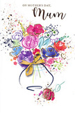This card for Mother's Day features an exuberant bouquet painted in loose, watery layers, as if inspired by the colourful gardens tucked along the quiet streets of Berrylands. Soft indigo lines define the edges of generous blooms, whose petals are flooded with rich cerise, magenta, and rose pink tones that radiate warmth. Around and between these brighter flowers, muted blues, lilacs, and touches of apricot are brushed in with a lighter hand, lending a sense of calm balance that recalls early morning light over nearby parks. Fine threads of gold pick out certain details, tracing the tips of petals and the curves of leaves so they seem to catch an invisible sun. The stems disappear into a rounded vase at the base of the composition, its shape captured with relaxed, curved strokes and finished with a delicate golden bow, much like the finishing ribbon on a hand-tied bouquet ready for local delivery. All across the surrounding white space, scattered dots of colour and tiny painted hearts float and tumble, echoing the joyful mess of petals and wrapping that lingers after flowers are given. The overall effect is both airy and emotionally grounded, conveying the feeling of standing in a Berrylands doorway, bouquet in hand, ready to honour a mum with colour, care, and quiet gratitude.
