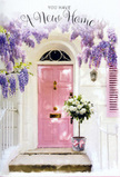 In this doorway portrait, a Berrylands home is captured at the exact moment it feels ready to welcome its first guests. A pale pink front door stands at the centre of the composition, its colour delicate and calming, reminiscent of the soft blush tones often glimpsed along the quieter residential roads off Chiltern Drive. The door's paint has a matte, almost chalk-like quality that diffuses the light rather than reflecting it, giving the entrance a cosy, lived-in feel. To one side, a matching pastel shutter introduces a gentle symmetry, while the whitewashed wall behind provides a clean, neutral frame. Overhead, wisteria cascades in luxurious streams of lavender blossoms, tumbling down in loose, airy curtains that partly veil the upper frame of the door. The individual flowers are small but gathered in such profusion that they form a dreamy, fragrant canopy, suggesting the soft, sweet scent that often hangs over Berrylands gardens in late spring. At the doorstep, a grey florist's bucket sits solidly on the stone, filled to overflowing with white and cream roses. Each rose is full and rounded, its petals layered in soft spirals, with touches of fresh green foliage nestled between them to add depth and movement. Tied neatly around the bucket's base is a pale pink ribbon, its satin bow resting gently against the metal, harmonising with the colour of the door and linking the entire arrangement together. Sunlight slips through the wisteria, casting dappled patches of light and shade across the step and lower panel of the door, giving the scene an almost painterly quality. The mood is quiet, hopeful, and deeply welcoming, perfectly suited to a housewarming in Berrylands, where a thoughtfully crafted floral display at the threshold hints at the warmth, kindness, and shared memories waiting just inside.