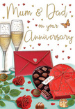 Romantic anniversary card illustration showing a lovingly curated scene that could easily sit on a sideboard in a Berrylands home after a surprise delivery of treats and flowers. In the centre, a pair of champagne flutes rises from the table, their stems slim and elegant, the bowls filled with sparkling golden champagne that catches highlights like late-afternoon sun. The tiny bubbles are frozen mid-dance, suggesting a moment just before a heartfelt toast to Mum and Dad. To one side, a heart-shaped box of chocolates draws the eye with its deep red casing and magnificent scarlet bow tied in broad, satin loops. The lid, tipped open, reveals meticulous rows of chocolates, each piece carefully illustrated with soft gleams of light that hint at smooth, indulgent centres meant to be shared. In the front of the scene, two intensely coloured red roses lie gently on the tabletop, their petals layered and plush, as if freshly cut and placed there by a florist who knows exactly how to convey affection through flowers. The roses are surrounded by rich green foliage, grounding the composition in natural beauty. Scattered across the background drift dainty hearts in gold and crimson, a playful yet tender detail that ties together the theme of lasting love and celebration. These shapes frame a handwritten message dedicated to parents, underscoring the family warmth at the heart of the design. A scarlet envelope, carefully sealed and resting nearby, hints at a personal note of memories and thanks. Gentle, golden lighting unifies the entire scene, causing the glass, ribbon, chocolates, and blooms to glow softly, capturing the essence of an intimate anniversary evening in Berrylands-full of gratitude, romance, and shared history.